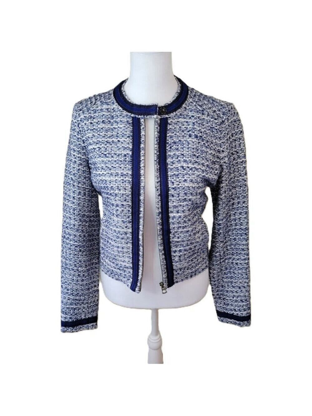 Lucky Brand Tweed Jacket Blue/White Zippered Dressy Cropped Women's Size XS